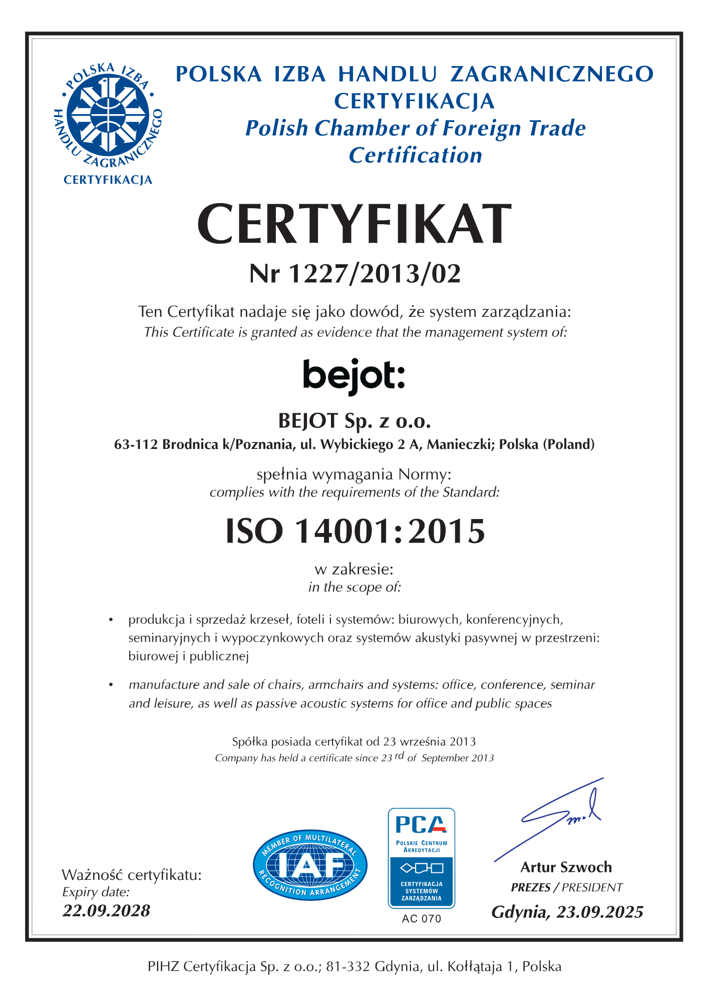 Certyfikat ISO 14001